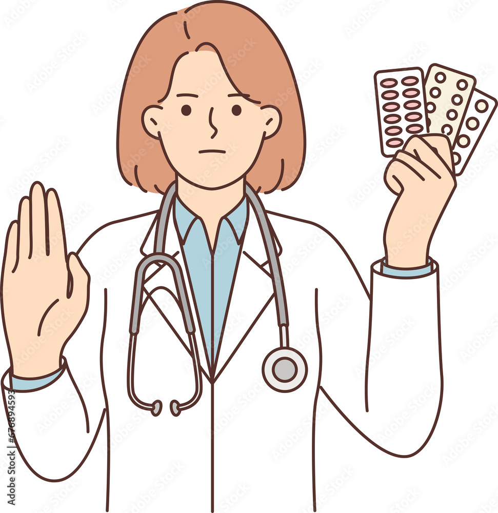 Woman doctor with pills shows stop gesture urging to stop taking antibiotics or antidepressants Woman doctor with pills shows stop gesture urging to stop taking antibiotics or antidepressants