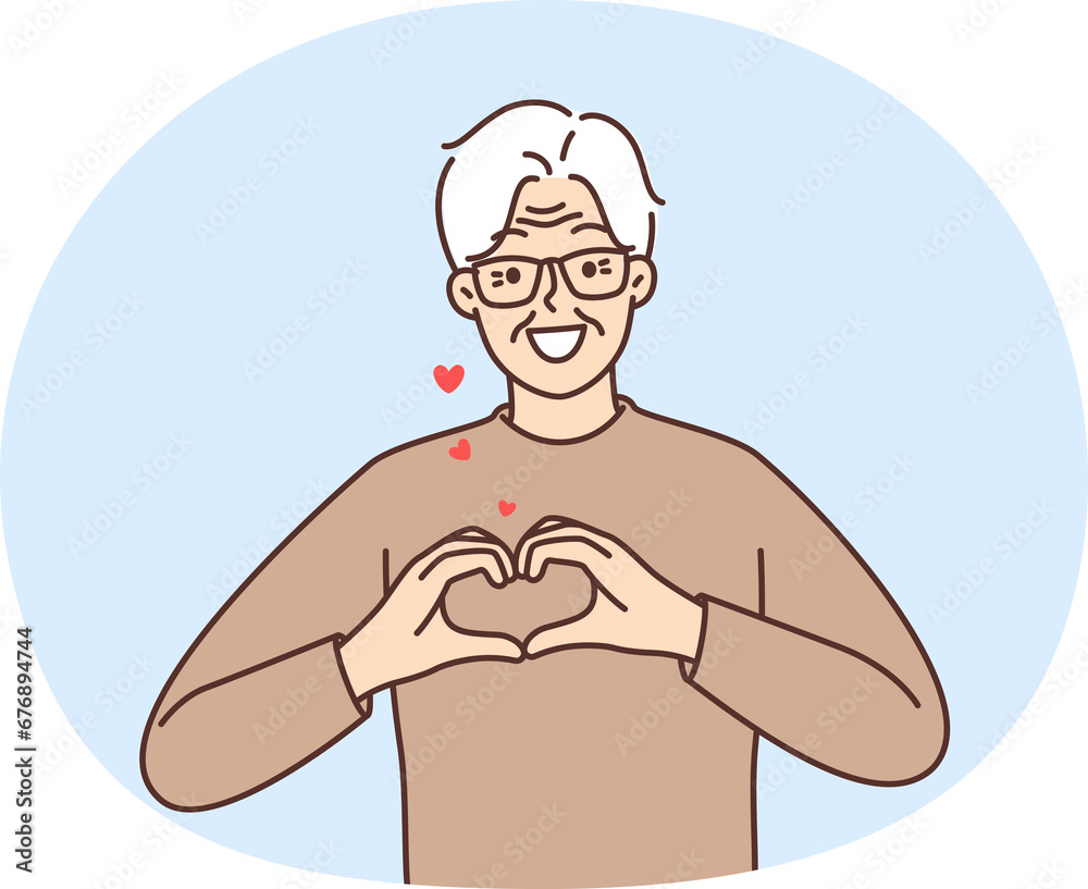 Smiling old man show heart symbol feel grateful Smiling old man show heart symbol feel grateful