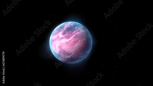 exoplanète découverte avec une atmosphère dans les tons rosés et bleus - isolé sur fond noir