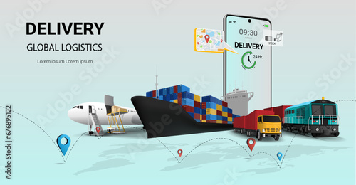 Online Global business delivery logistics service on mobile. Global logistics. rail transportation, Train, Freight Ship, cargo plane, truck, warehouse, container transport. 3d Vector illustration photo