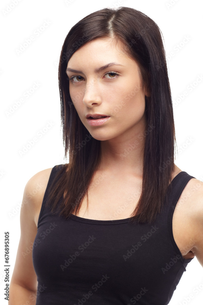 Woman, confident and portrait for fashion, trendy style and haircare in studio mockup. Young model, face or english with cool attitude, relax wellness or gen z aesthetic in glow by white background