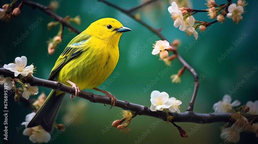 a yellow bird perched on a branch with green mossy branches in the background and a blurry background