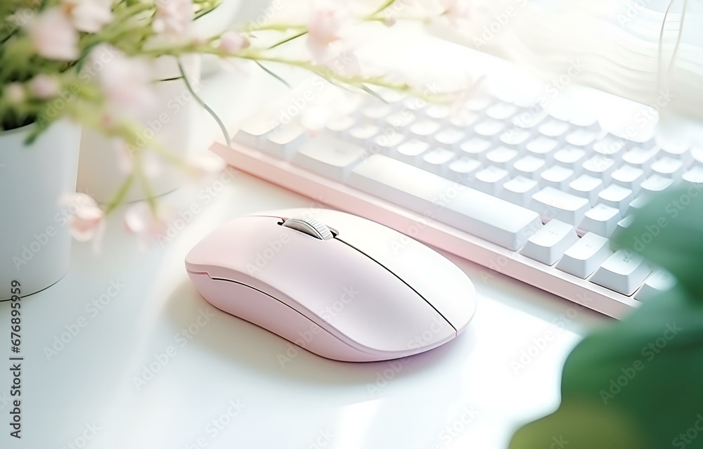 computer keyboard and mouse with pad and plant in pot on white wooden table soft light, freelancing workspace concept computer keyboard and mouse with pad and plant in pot on white wooden table soft light, freelancing workspace concept