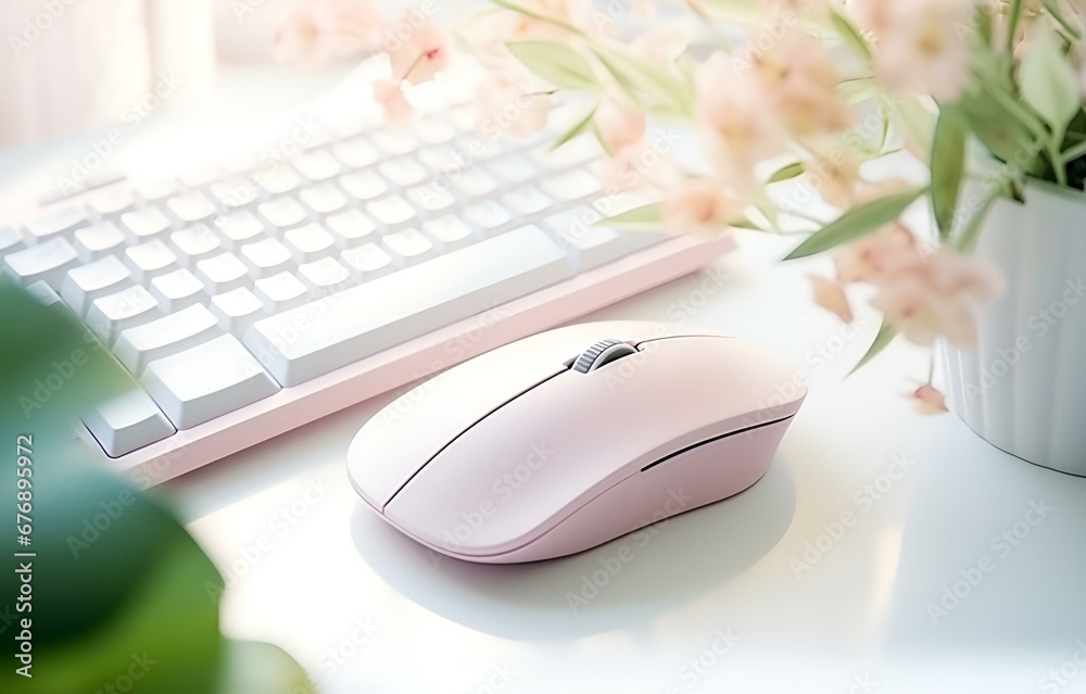 computer keyboard and mouse with pad and plant in pot on white wooden table soft light, freelancing workspace concept computer keyboard and mouse with pad and plant in pot on white wooden table soft light, freelancing workspace concept