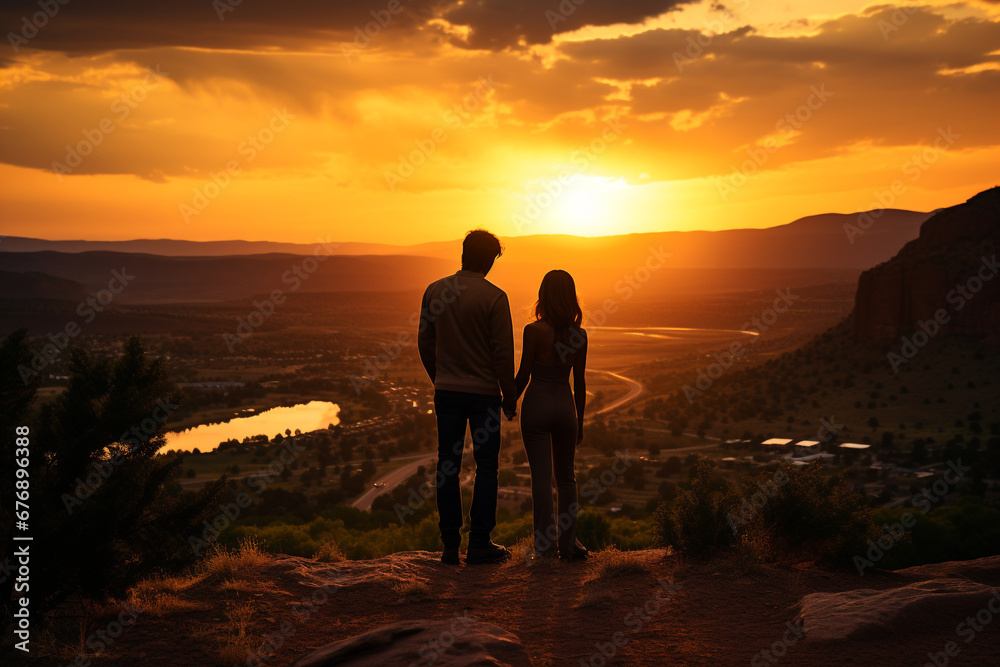 Silhouette of a couple on a cliff in a romantic pose, gazing at the sunset landscape