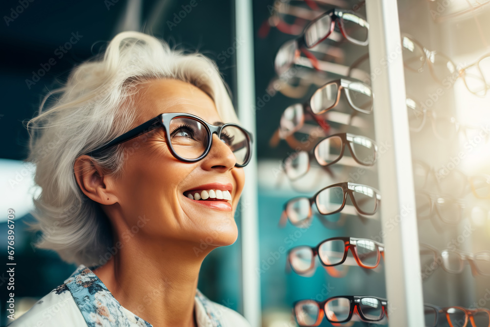 Attractive mature woman with natural gray hair chooses and tries on glasses in an ophthalmology store - obrazy, fototapety, plakaty 