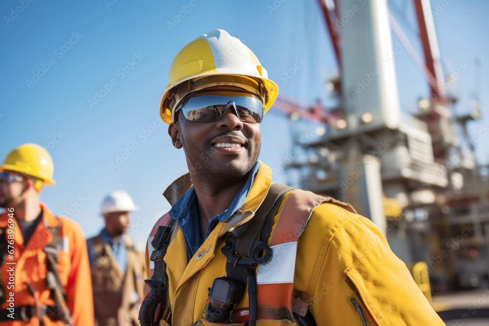 Attractive African American oil worker at work on a drilling rig Attractive African American oil worker at work on a drilling rig