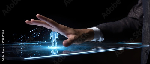 Hand pointing at digital virtual reality modern hologram technology. Digital science or anatomy concept.