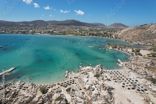 Fototapeta Naklejka Na Ścianę i Meble -  Aerial views from over Kolympethres Beach on the Greek Island of Paros. 