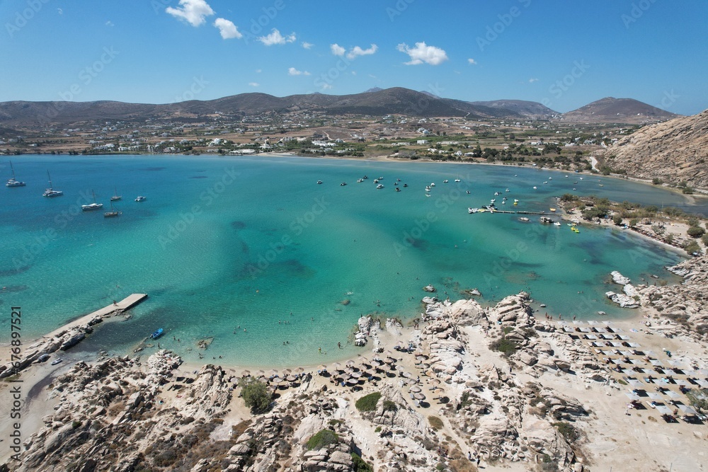Aerial views from over Kolympethres Beach on the Greek Island of Paros. 
