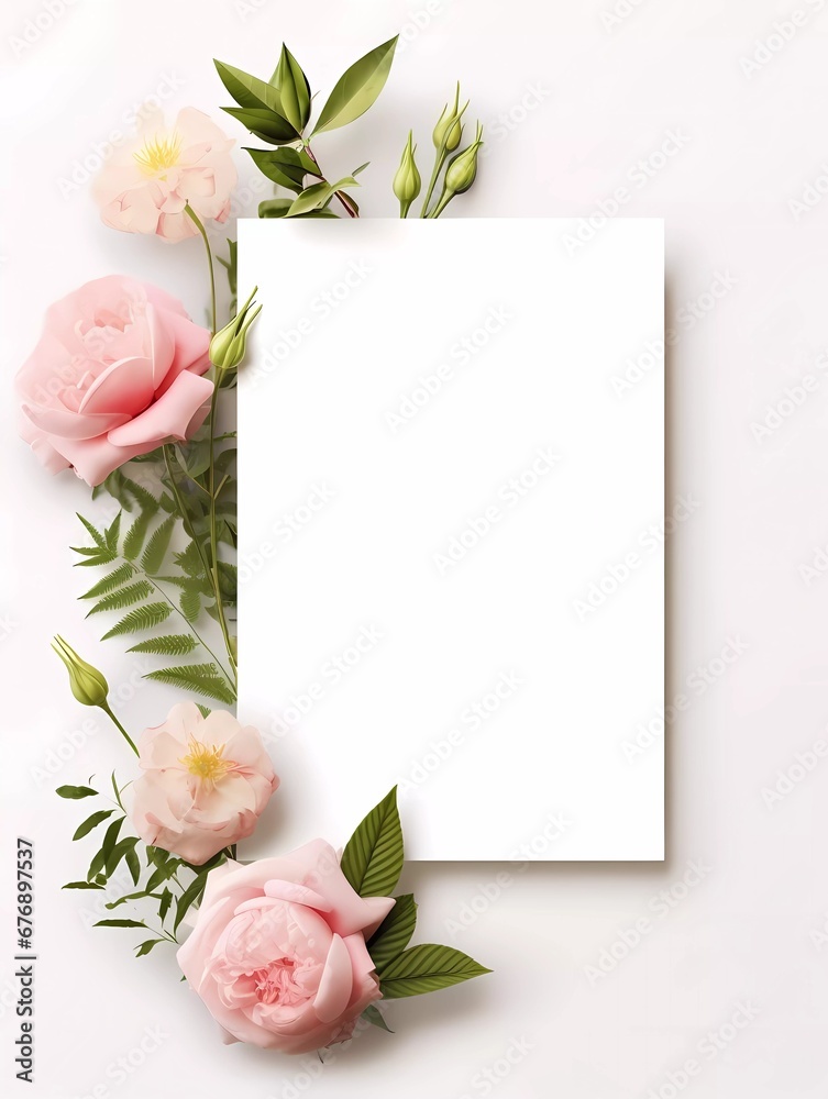 Frame mockup with roses and pions flowers on a white background. Banner or gift card with flowering frame