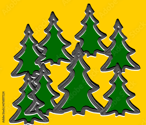 set of embossed Christmas trees on a golden background