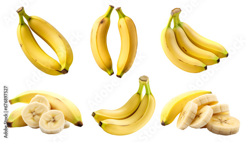 Yellow banana bananas, many angles and view side top front sliced bunch cut isolated on transparent background cutout, PNG file. Mockup template for artwork graphic design
