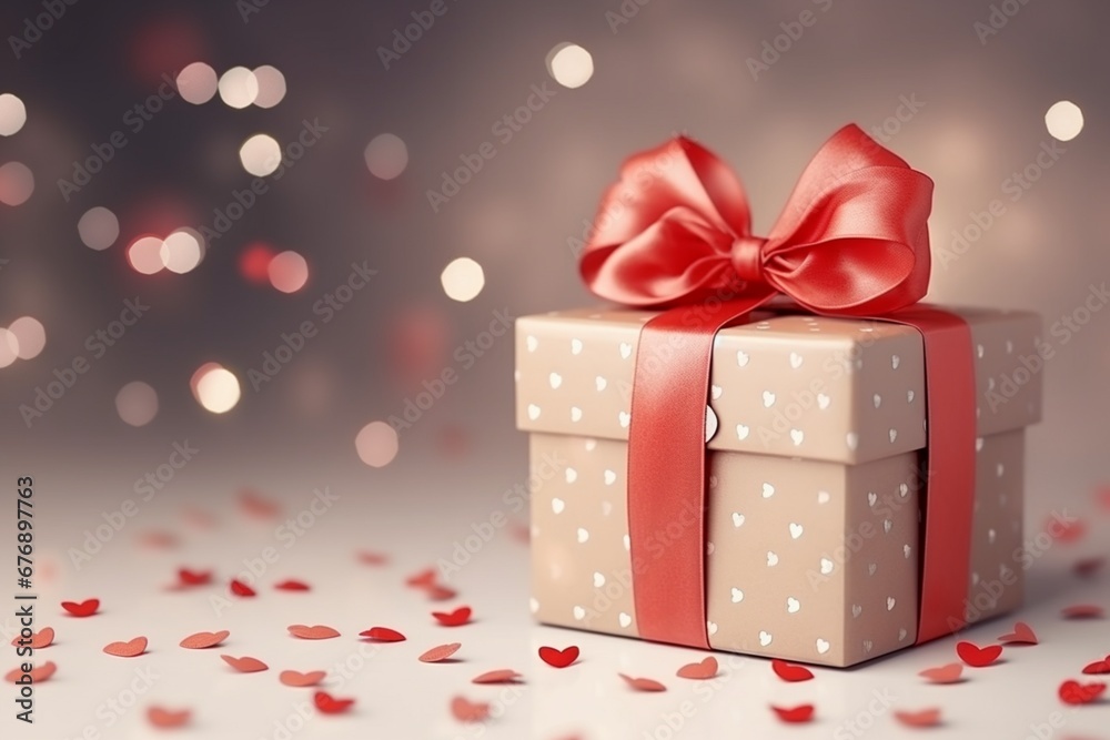 A cute gift box with a red ribbon and red hearts on a beige background, a banner on the theme of the Valentine's Day holiday.