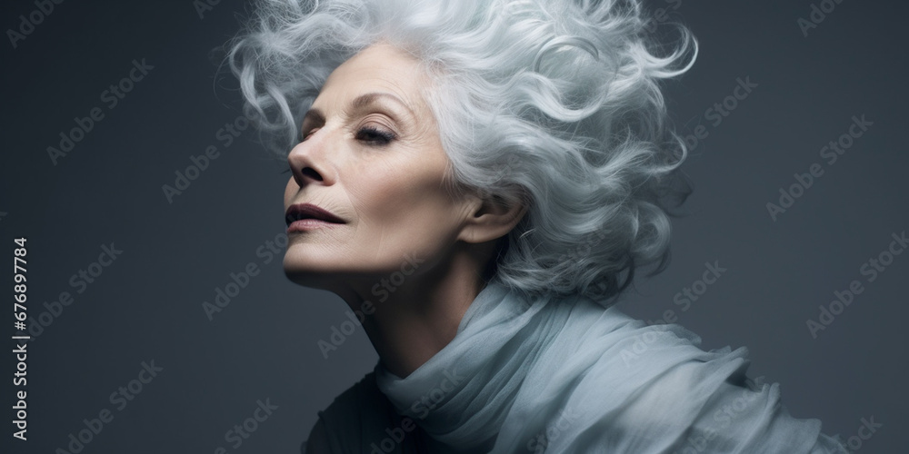 Radiant Caucasian Matriarch: Graceful Gray-Haired Beauty in Subdued Portrait, Evoking Cool Elegance against Gray Backdrop, AI generated