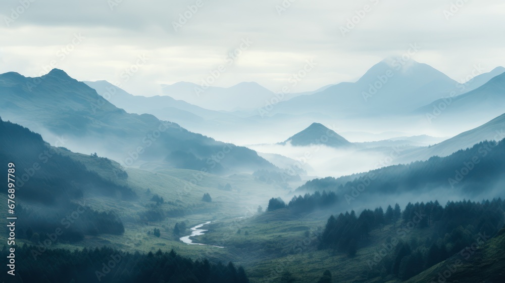 Misty mountains fading into the distance. foggy mountain. aerial view of mountain and river