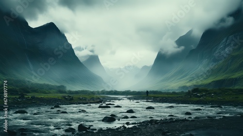 Misty mountains fading into the distance. foggy mountain. aerial view of mountain and river