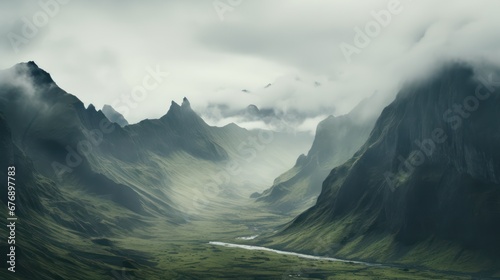 Misty mountains fading into the distance. foggy mountain. aerial view of mountain and river photo