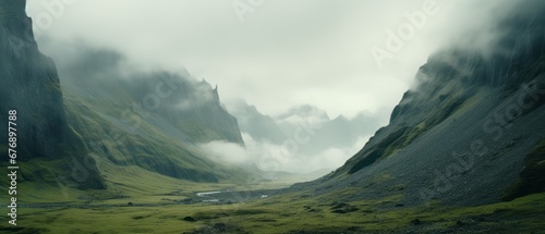 Misty mountains fading into the distance. foggy mountain. aerial view of mountain and river photo