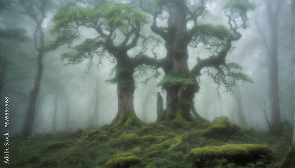 In the heart of an enchanting and mystical foggy forest, with trees emerging from the mist, a hidden world unfolds - AI Generative In the heart of an enchanting and mystical foggy forest, with trees emerging from the mist, a hidden world unfolds - AI Generative