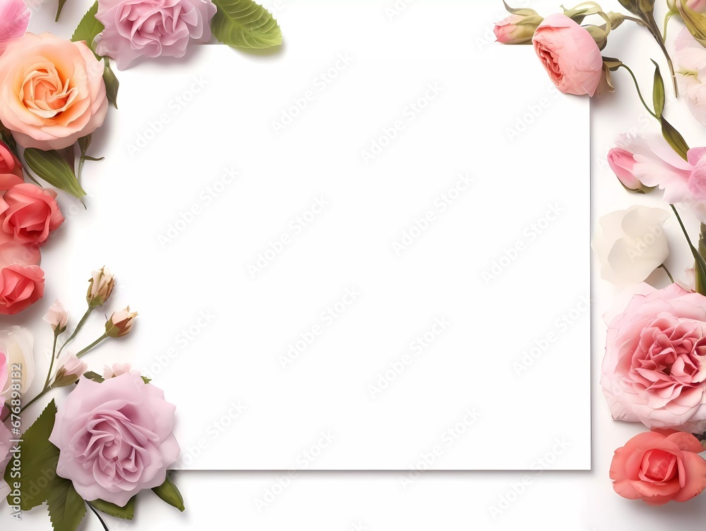 Frame mockup with roses and pions flowers on a white background. Banner or gift card with flowering frame Frame mockup with roses and pions flowers on a white background. Banner or gift card with flowering frame