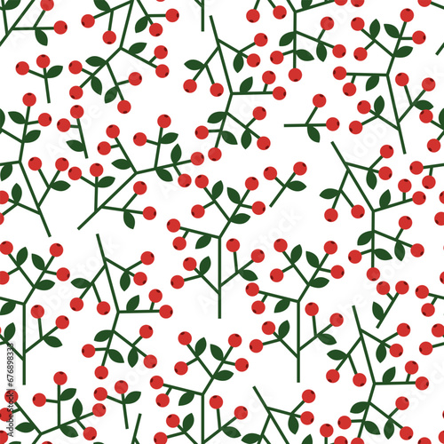 Christmas winter floral seamless pattern with leaves and holly berries.