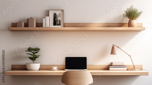 Cozy Minimalist Home Office with Light Oak Desk © Soontorn