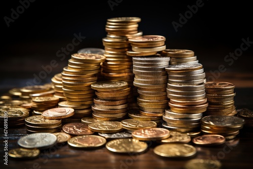 A pile of gold coins shimmers. Pile of golden coins with dark background