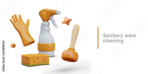 Colorful poster with collection of 3d realistic elements for cleaning house. Sanitary ware cleaning concept. Vector illustration in orange colors with white background