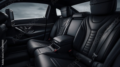 Frontal view of luxurious black leather back passenger seats in a modern and stylish luxury car © Ilja
