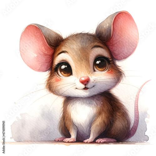 Cute cartoon mouse in watercolor painting style, warm colors, ideal for children's illustration, textile, background or packaging