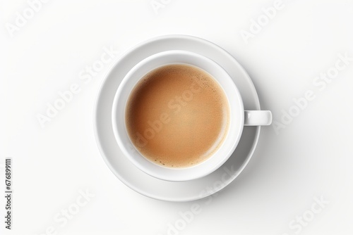 Freshly brewed hot coffee in white ceramic mug, top view, isolated on white background
