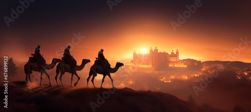 Reyes magos viajando por el desierto, llegando a Belén. Noche de reyes magos. Día de reyes magos.