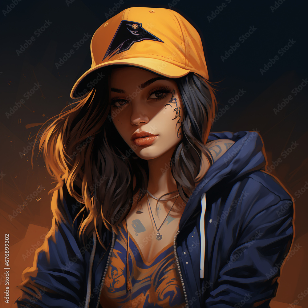 lifestyle girl wearing dark blue and amber cap, hip hop influence, glowing portrait, avatar, logo, goose punk, manga inspired lifestyle girl wearing dark blue and amber cap, hip hop influence, glowing portrait, avatar, logo, goose punk, manga inspired