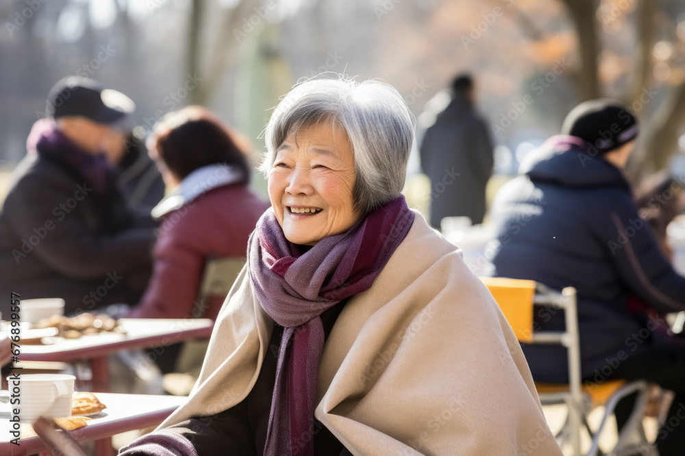 Happy smiling elderly asian woman with short gray hair, dressed in warm clothes beige cape and scarf is sitting at table in cafe in the fresh air in the park