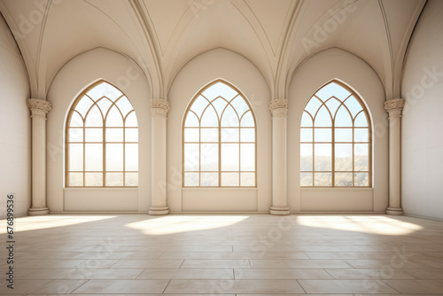 Interior an empty room by romanesque style with light stucco walls, vaulted ceiling, large windows in the form of arches, tiled floor