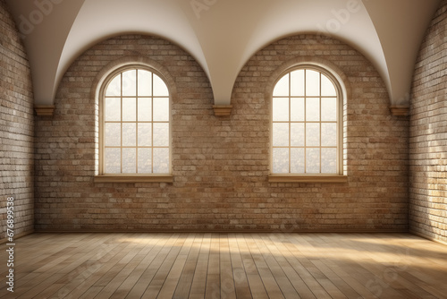 Interior by romanesque style an empty room with brickwork on the walls, vaulted ceiling, large windows in the form of arches, laminate floor made of wooden boards