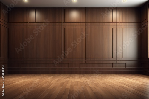 Empty room interior with wooden lacquered brown panels on the walls, laminate flooring in classic style, business cabinet at home