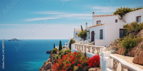 White Mediterranean villa on cliff decorated with red flowers, roses and green plants, with terrace on the shore of the blue sea