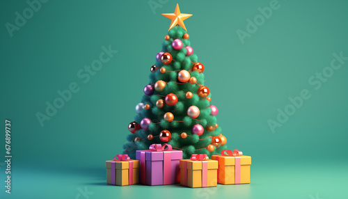 Render of a green christmas tree with presents. Minimalistic christmas wallpaper with gradient. Xmas greeting card design. 