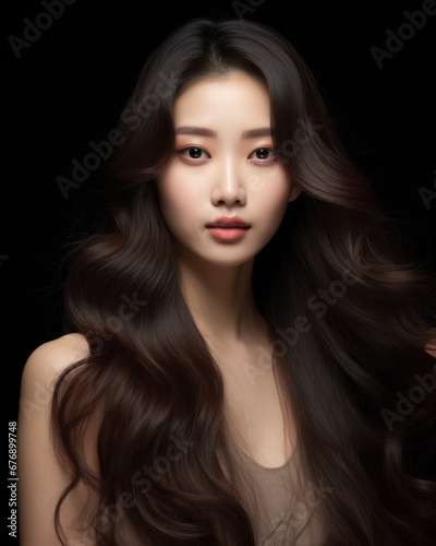 Beautiful young Asian model with natural makeup and radiant skin, showcasing long dark hair against a black background