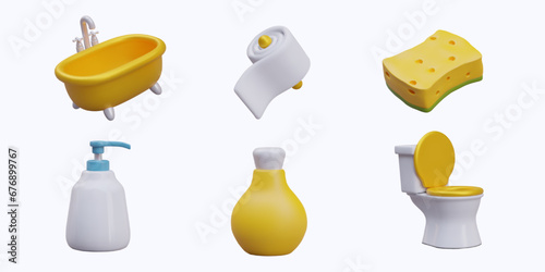Color set of cute icons for bath, shower, spa salon. Realistic bathtub, toilet paper on holder, sponge, toilet, unlabeled bottles with cosmetic products. Isolated images
