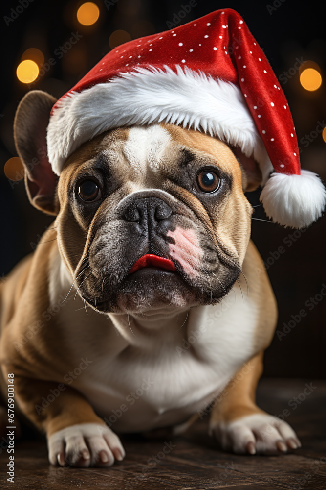 Realistic portrait of a French bulldog in Santa clothes. Dramatic lighting.