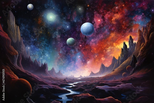 Une illustration de la surface d'une planète, la nuit sous un ciel rempli d'astres et d'étoiles