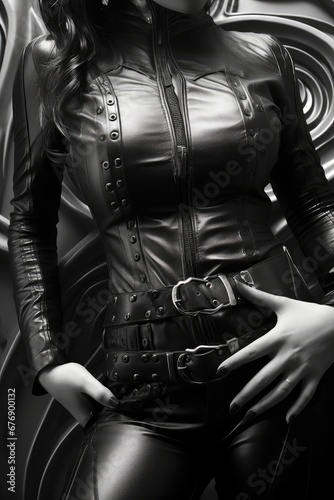 Femme en cuir, modèle pour la mode en noir et blanc