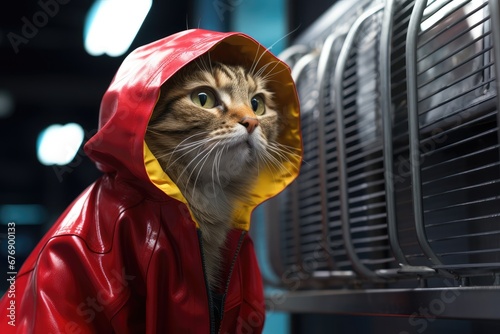 Le portrait d'un chat habillé avec un vêtement de pluie © David Giraud