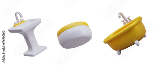 Realistic model of gold bath, wash basin and jar with scrub in realistic style. Personal care. 3d home plumbing concept. Vector illustration in 3d style