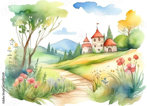 Watercolor abstract art landscape, children story book style, soft pastel color background.