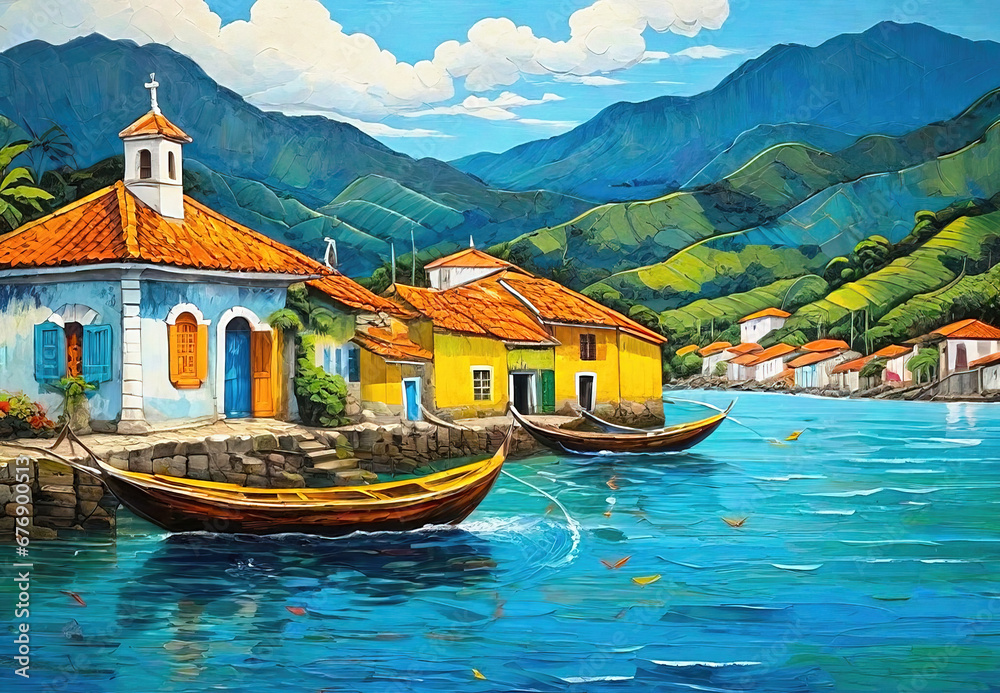 Naklejka premium Atmospheric landscape of a small town by the caribbean sea, acrylic painting illustration
