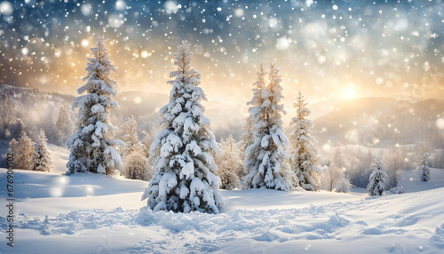 Winter view of falling snow and snow covered trees, festive magical winter background.